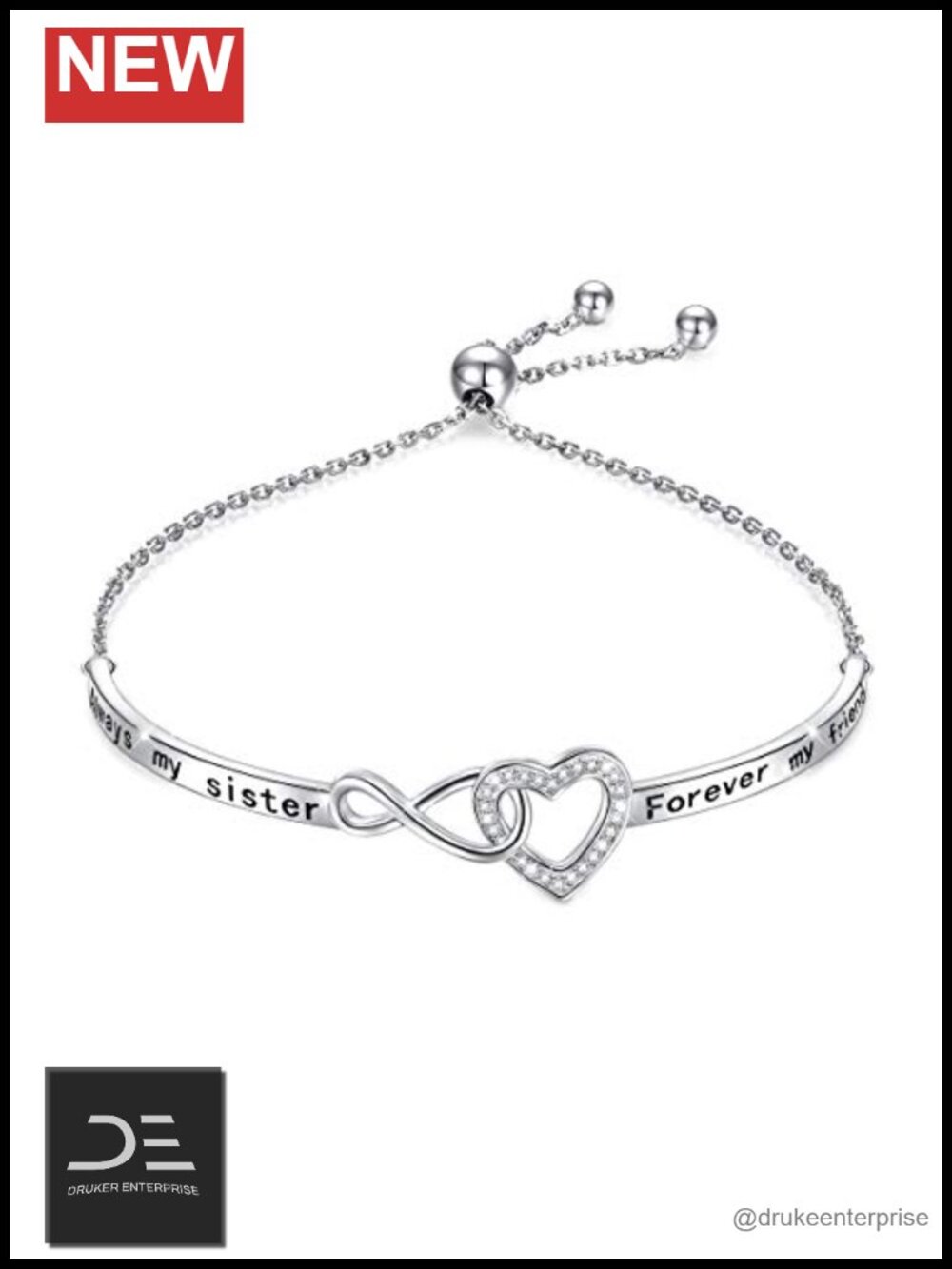 925 Sterling Silver Heart Infinity Adjustable Sisters Bracelet Cubic Zirconia